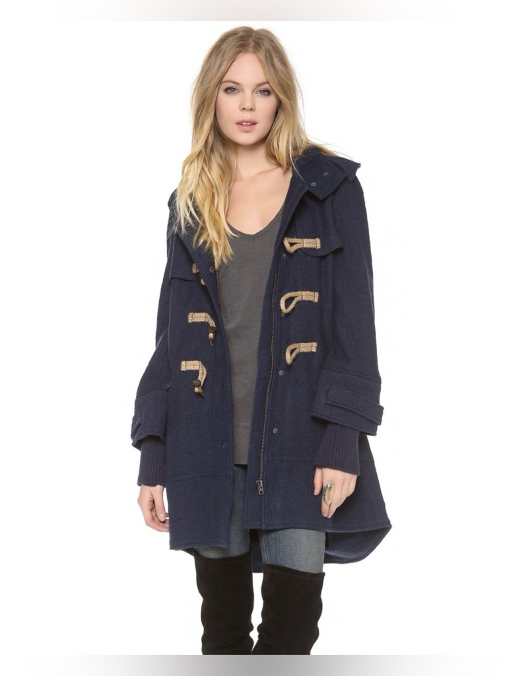 Free People Boiled Wool Rope Toggle Hooded Coat XS Dark Blue Vintage Military